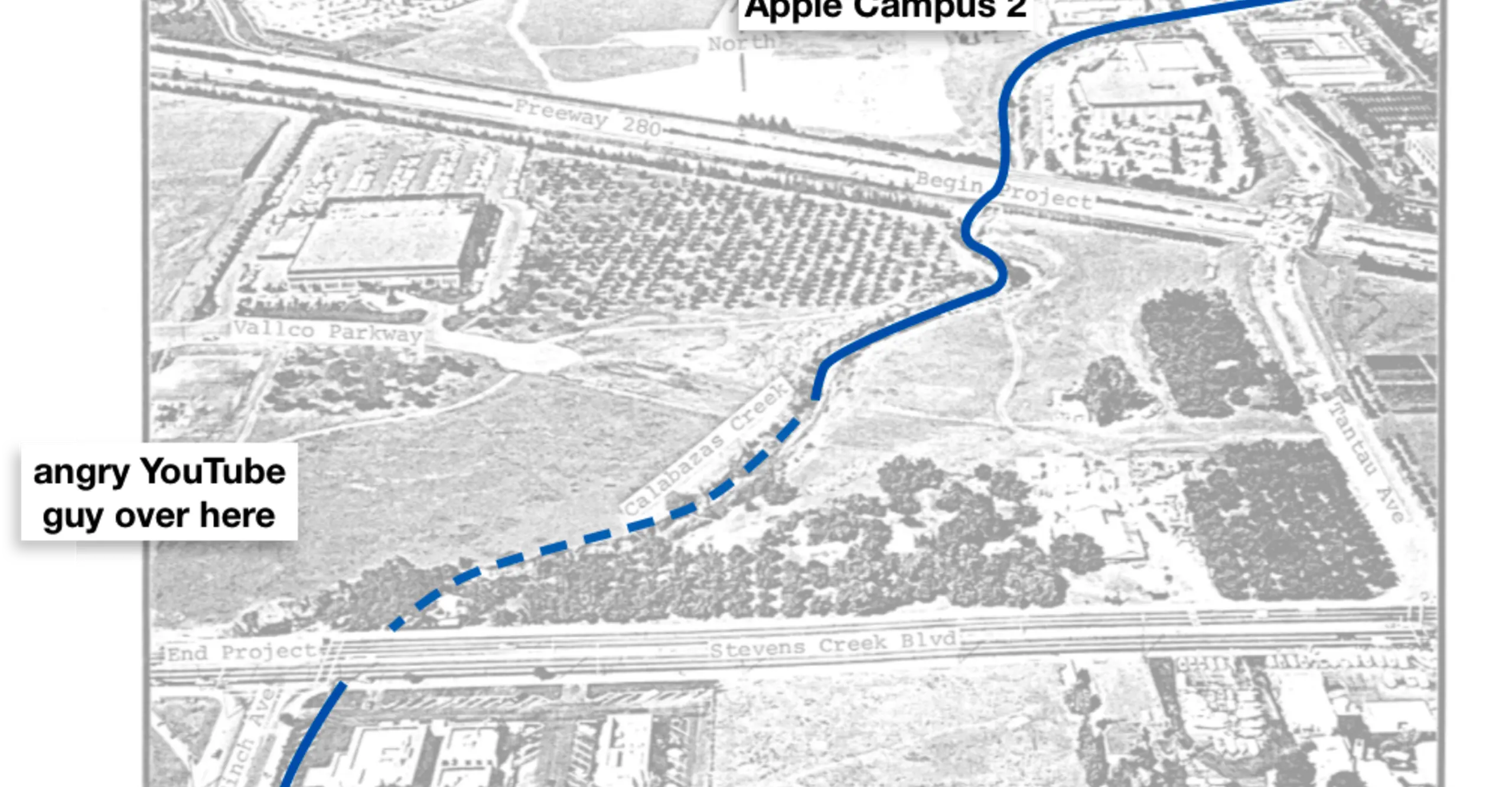 Aerial view from 1977 Environmental Impact Report — “Proposed Flood and Erosion Control Measures for Calabazas Creek Interstate 280 to Stevens Creek Boulevard North Central Zone Project № 2010&quot;, courtesy of Valley Water