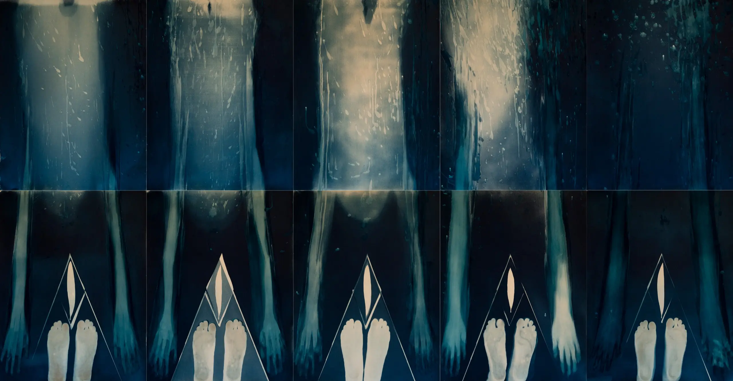 Coloured cyanotype images featuring what appears to be hands and feet.