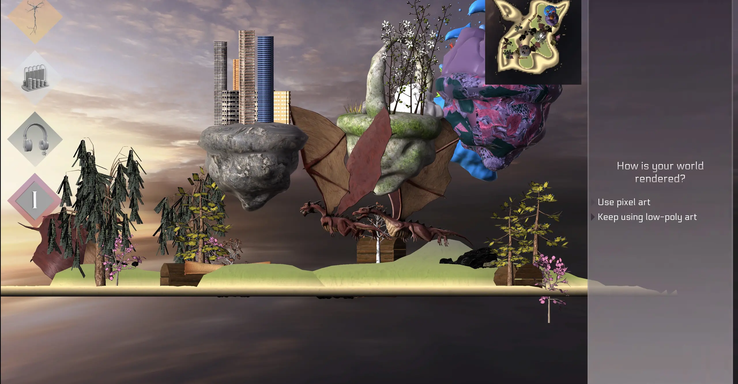 A side on view of a virtual scene showing two dragons flying among floating rocks with cities and trees on them