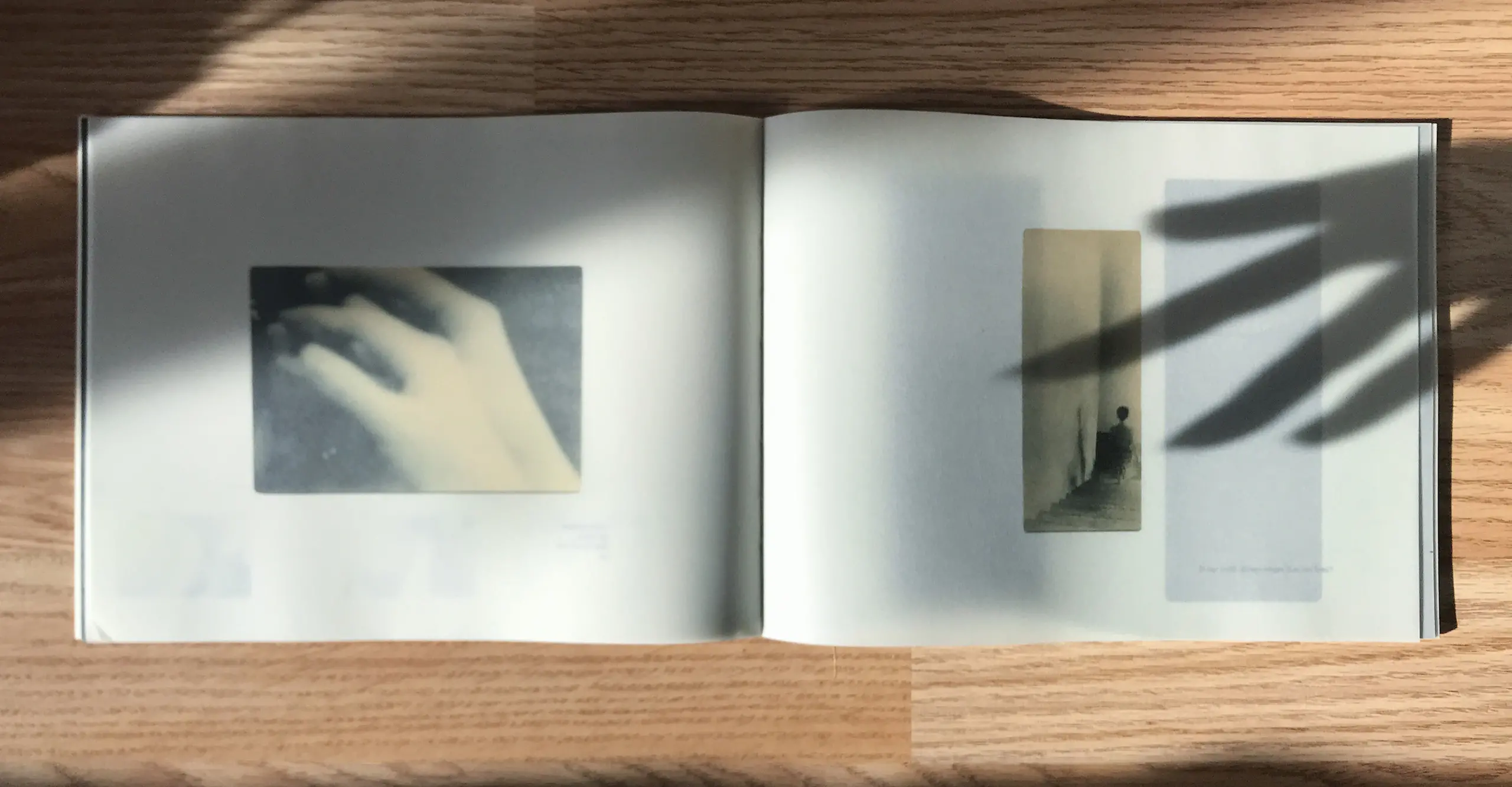 A photograph of a book laid out on a table with shadows of hands going across the page.