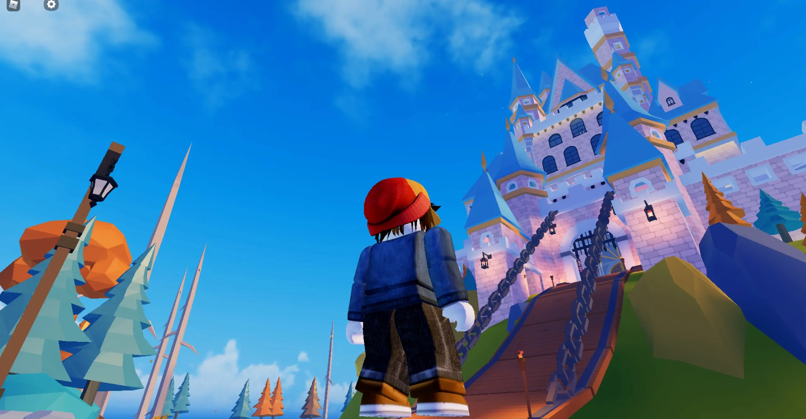 Screenshot from Roblox featuring a character looking upward toward a castle against a blue sky