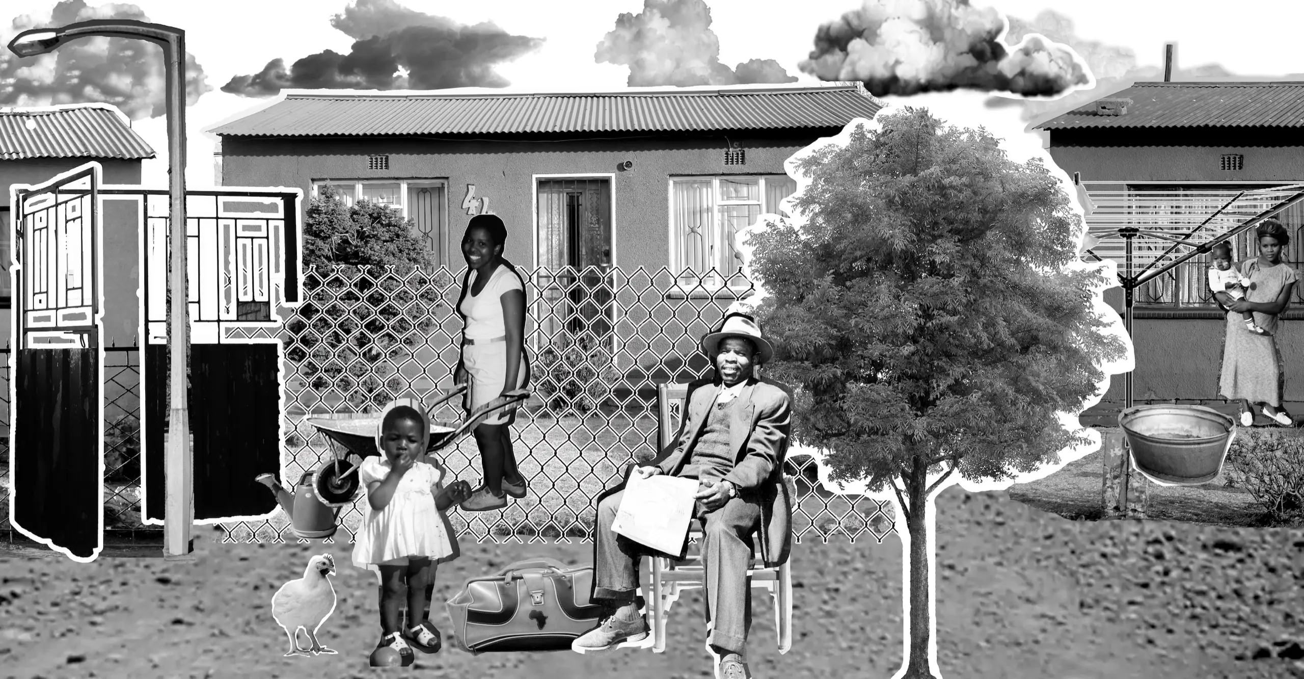 Black and white collage image of two women, one of whom is carrying a baby, a man and a small child, a tree, a streetlamp and a door in front of three houses