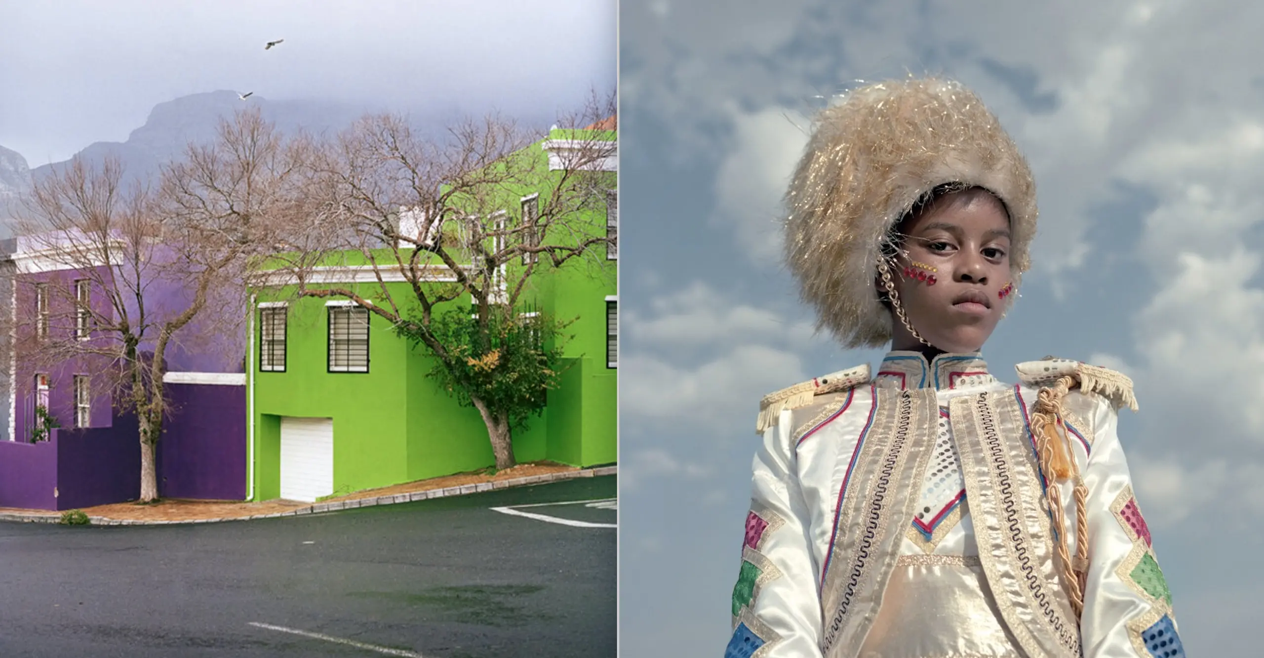 Two imgs: two homes, one in purple and one in green under a misty sky, (2) portrait of a South African drummer