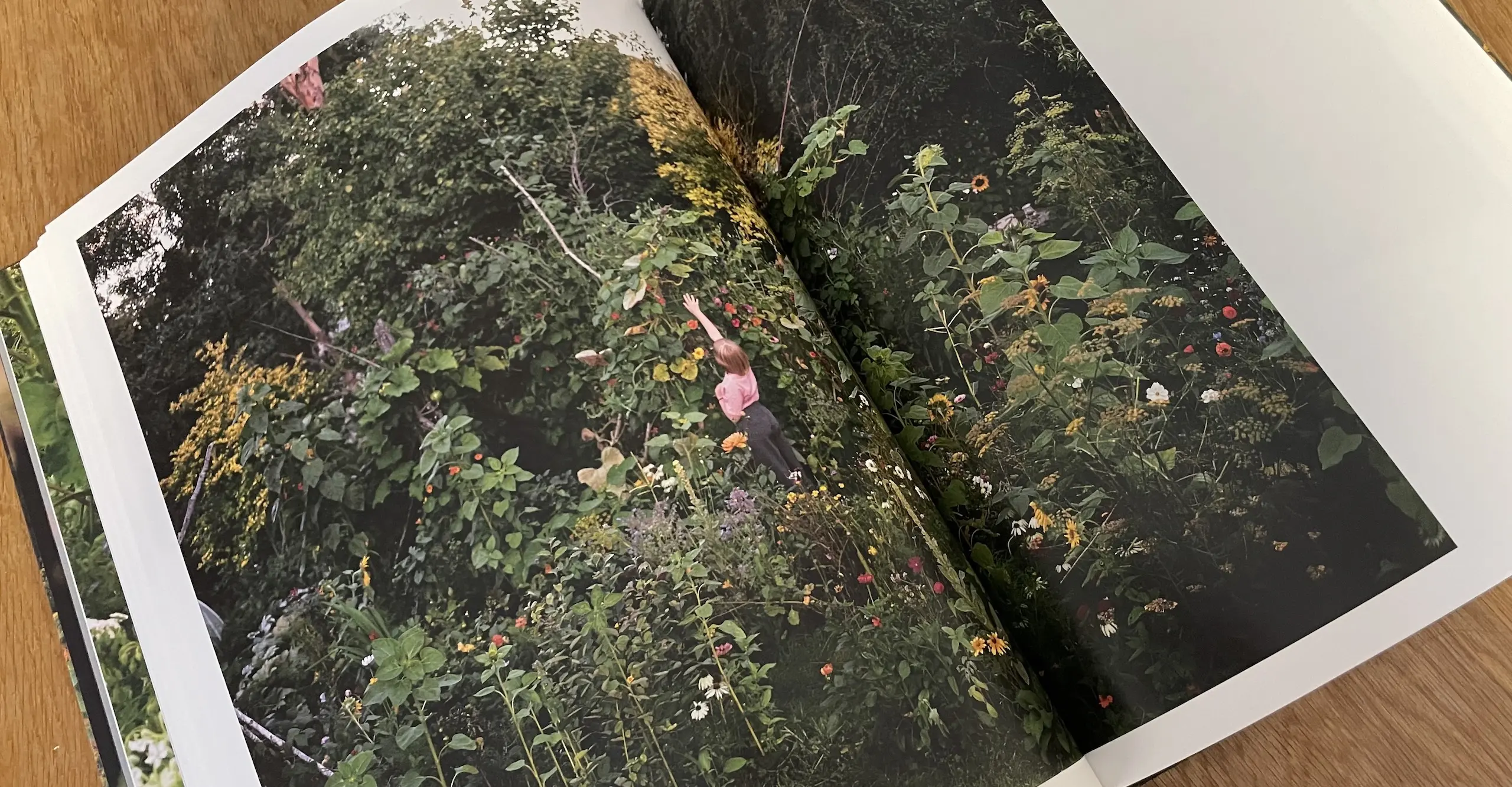 Colour photograph of an open photobook featuring an image of a person in a garden