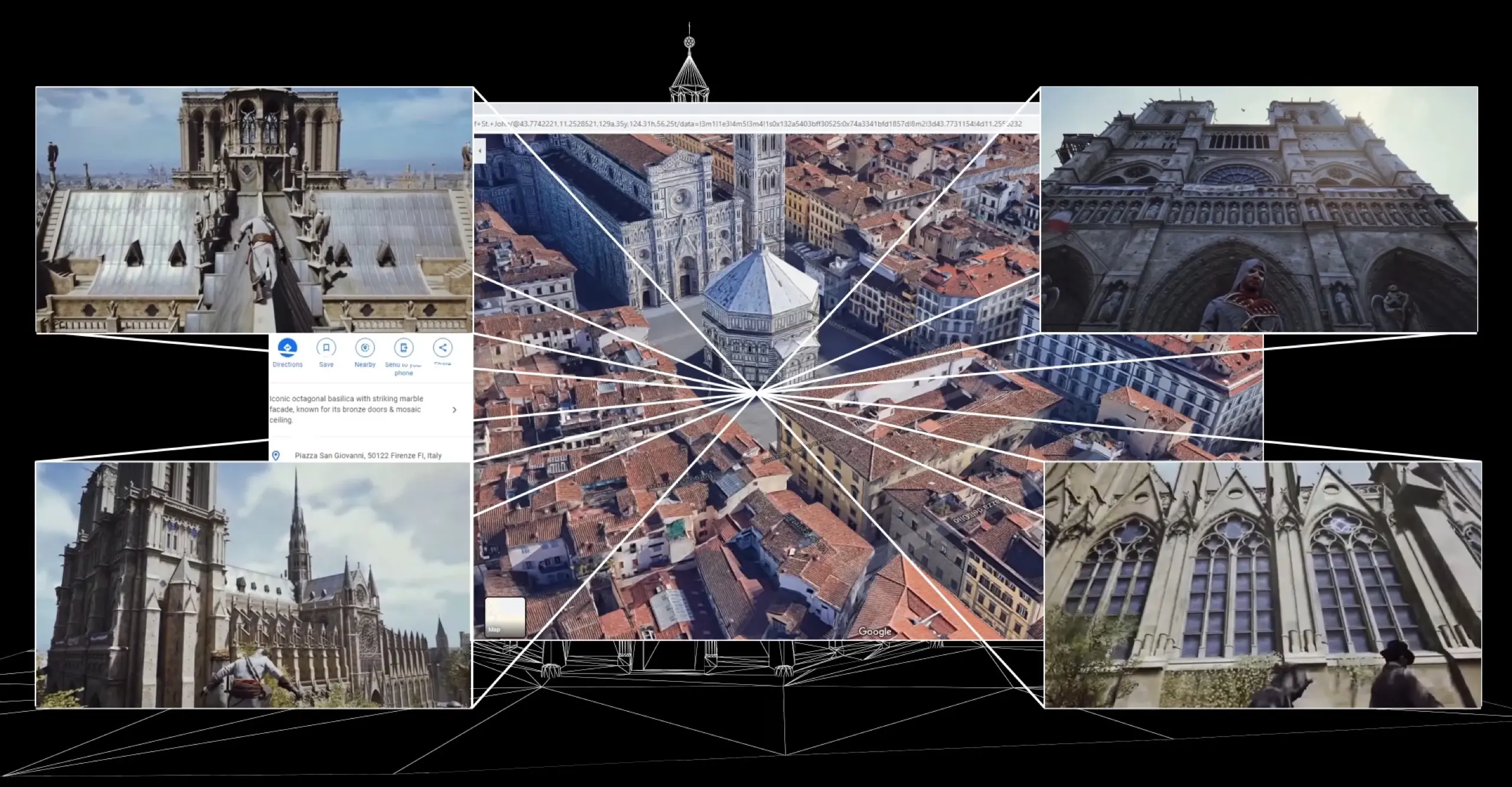 A screen grab of multiple windows showing different perspective views from a building in Florence, Italy