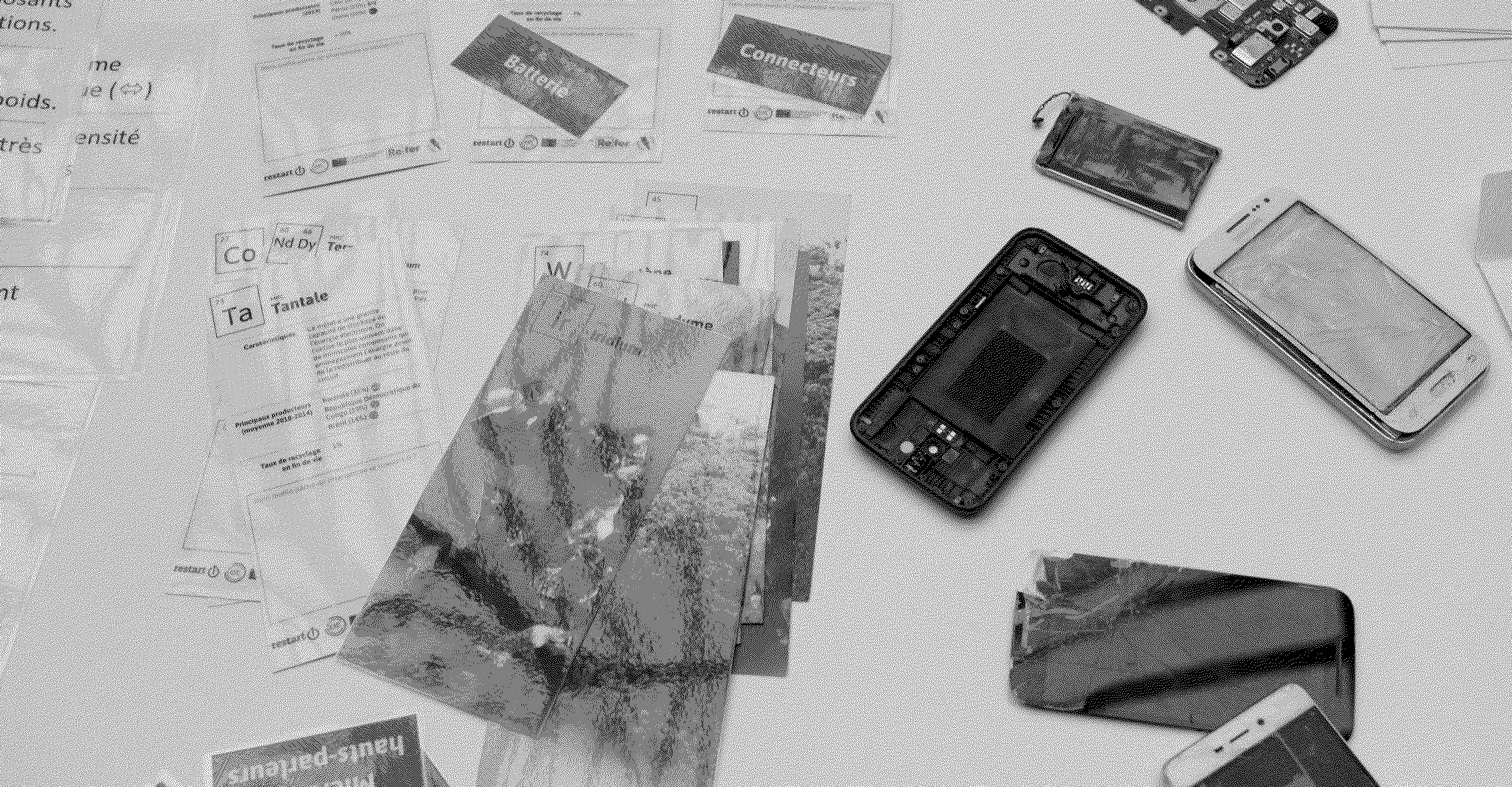 A dithered image of phones being dismantled and key information on the materials presented on a table.