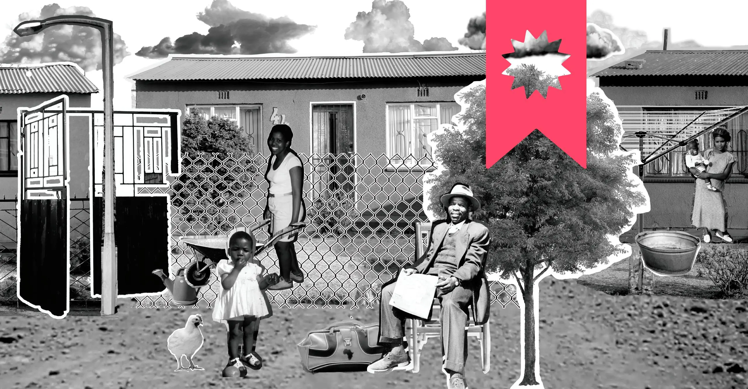 Black and white collage image of two  women, one of whom is carrying a baby, a man and a small child, a tree, a streetlamp and a door in front of three houses