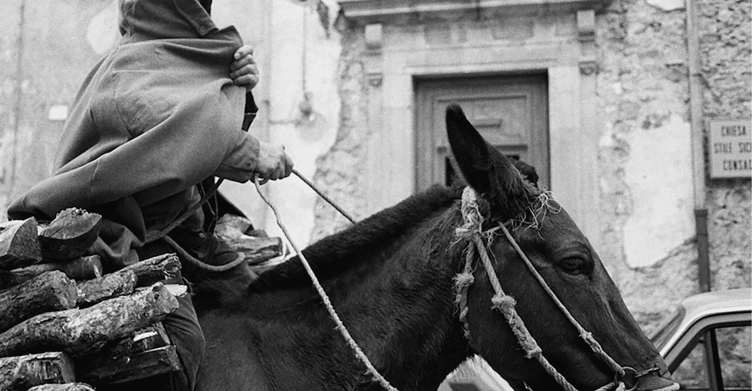 A figure who is concealing their face with a jacket is riding a horse.